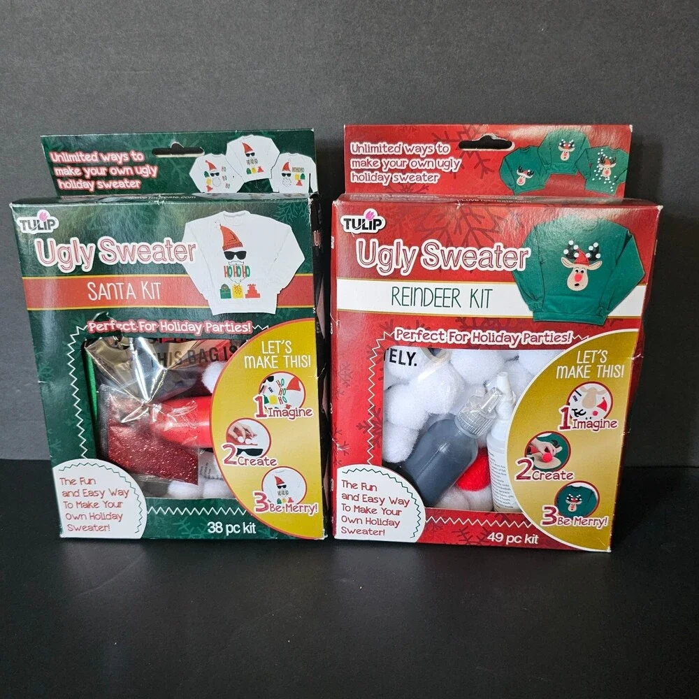 Vtg Set of 2 Tulip Ugly Sweater Kits Santa Reindeer Christmas Sweater Not Incl.